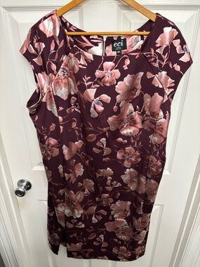 ECI Women New York Burgundy Midi Dress with Metallic Pink Floral Pattern, 18W